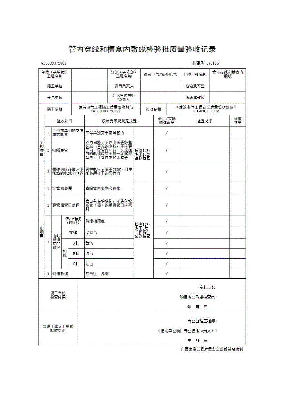 检验批质量验收记录《070106 管内穿线和槽盒内敷线检验批质量验收记录》房建表格_第1页