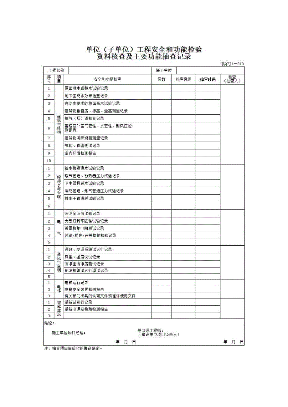 【第一册】单位(子单位)工程质量竣工验收资料《10、单位（子单位）工程安全和功能检验资料核查及主要功能抽查记录》房建表格_第1页