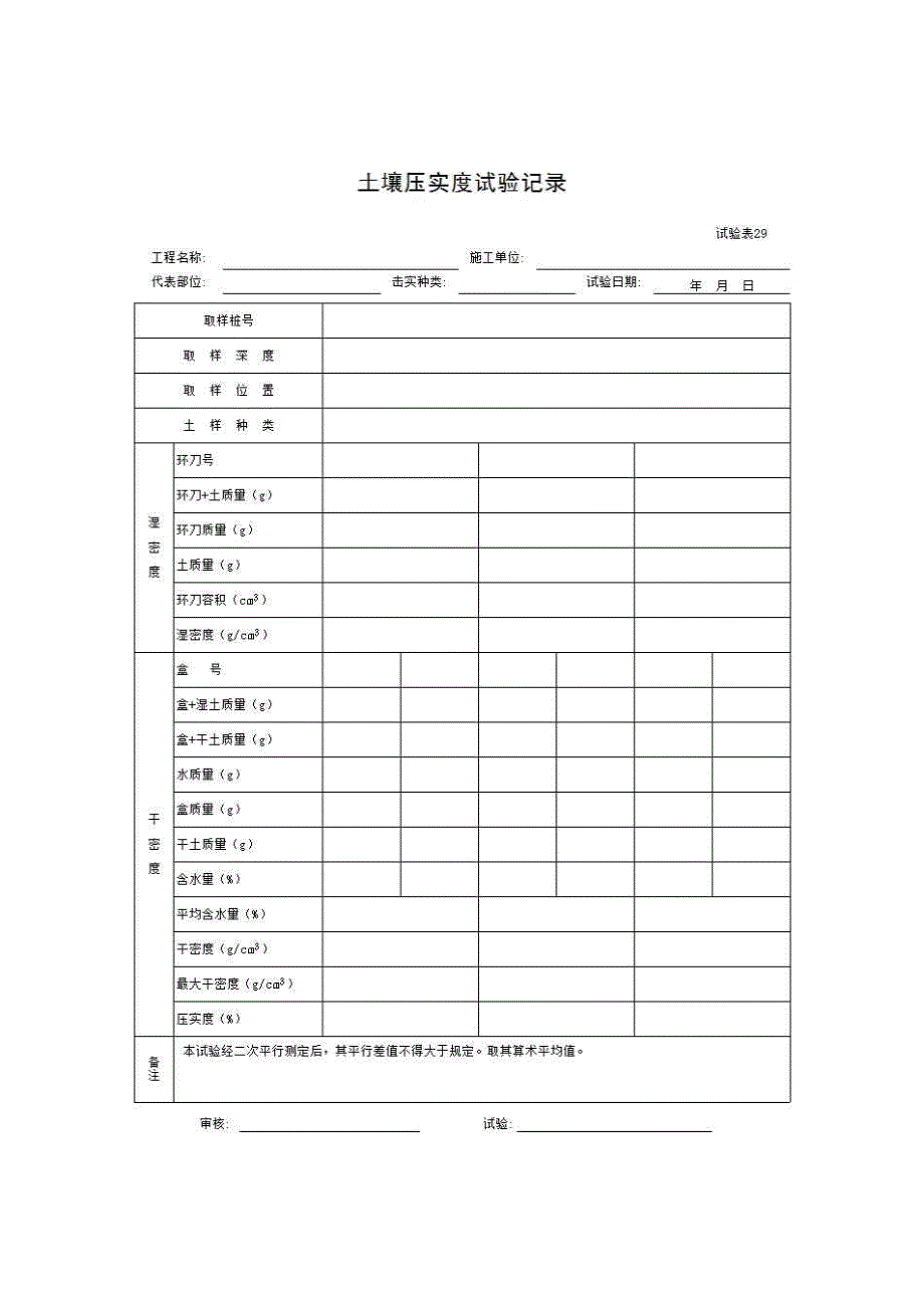 4 试验表《试验表29 土壤压实度试验记录》房建表格_第1页