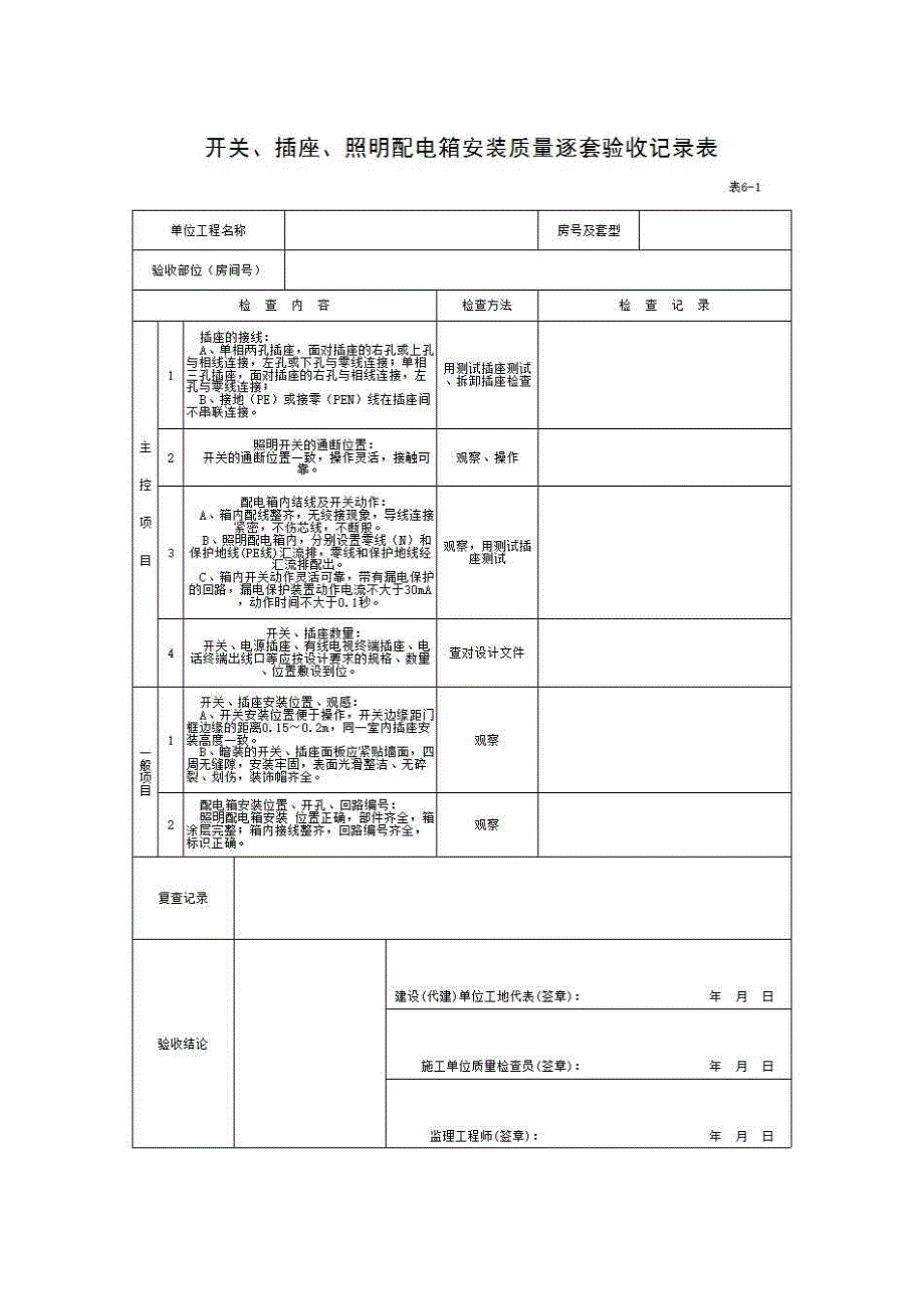 住宅工程质量逐套验收记录表《表6-1 开关、插座、照明配电箱安装质量逐套验收记录表》房建表格_第1页