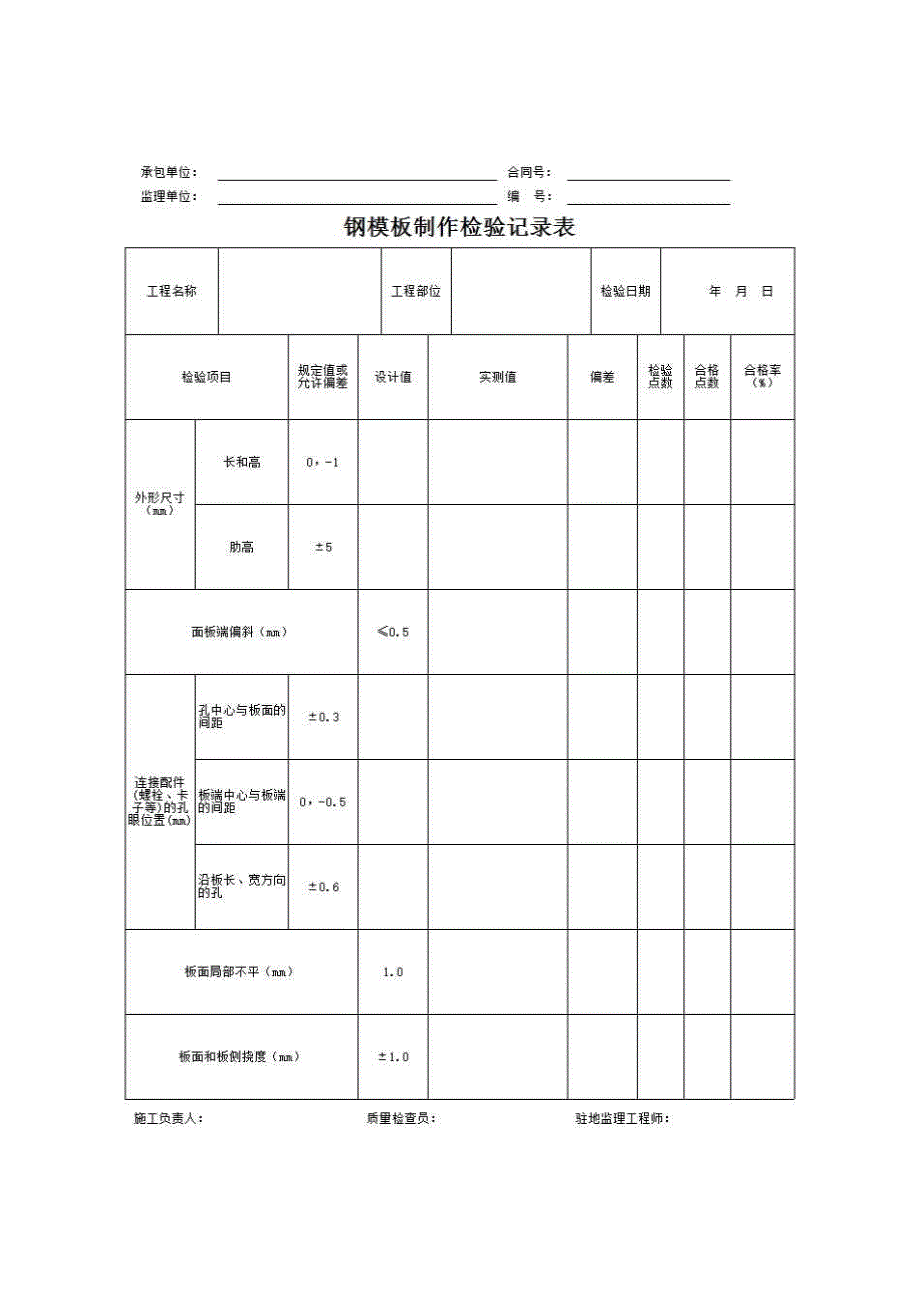 公路工程施工质量技术资料用表《钢模板制作检验记录表》房建表格_第1页