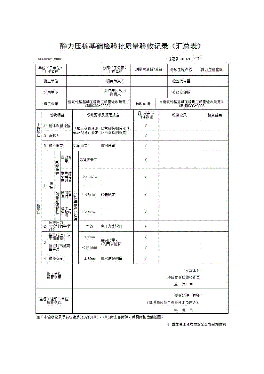 检验批质量验收记录《010213（Ⅱ）静力压桩基础检验批质量验收记录（汇总表）》房建表格_第1页