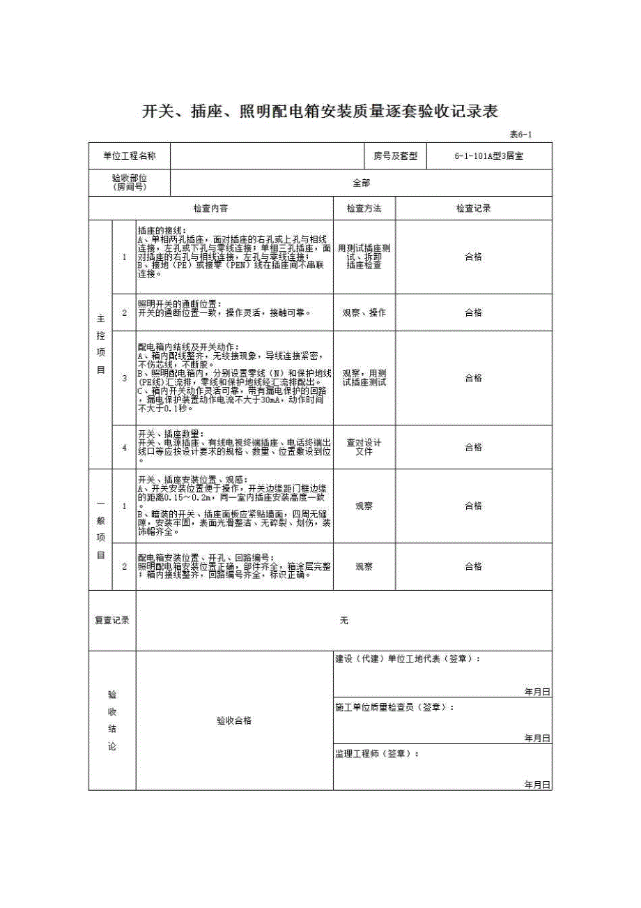 南宁市住宅工程质量逐套验收资料与实例（2008年3月修订）《表6－1 开关、插座、照明配电箱安装质量逐套验收记录表》房建表格_第1页