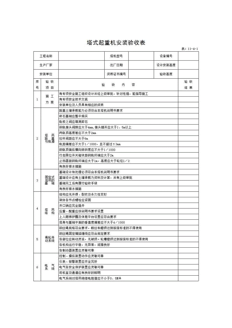 海南省安全资料《表11-4-1 塔式起重机安装验收表》房建表格_第1页