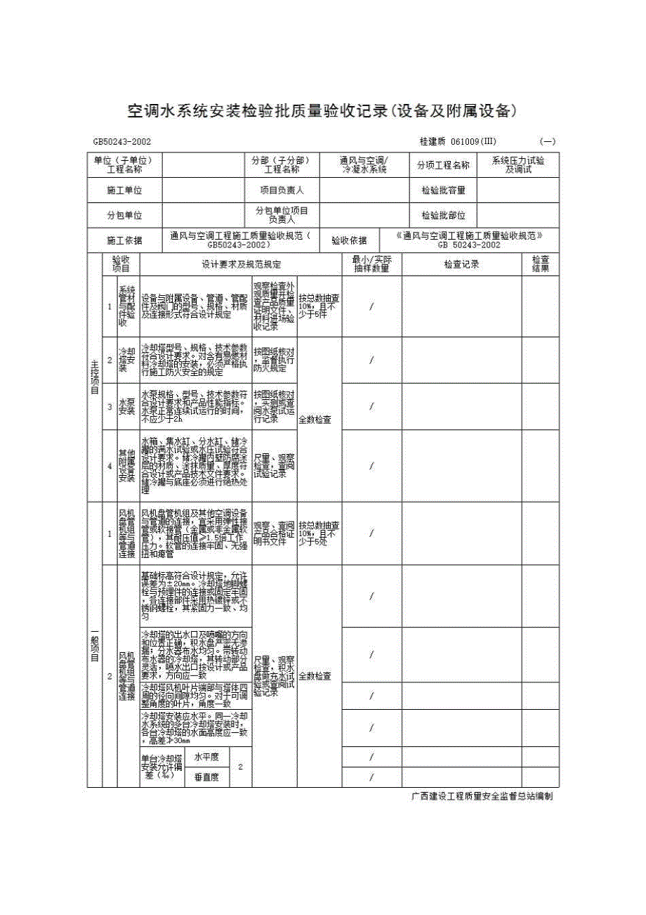 检验批质量验收记录《061009(Ⅲ) 空调水系统安装检验批质量验收记录(设备)》房建表格_第1页
