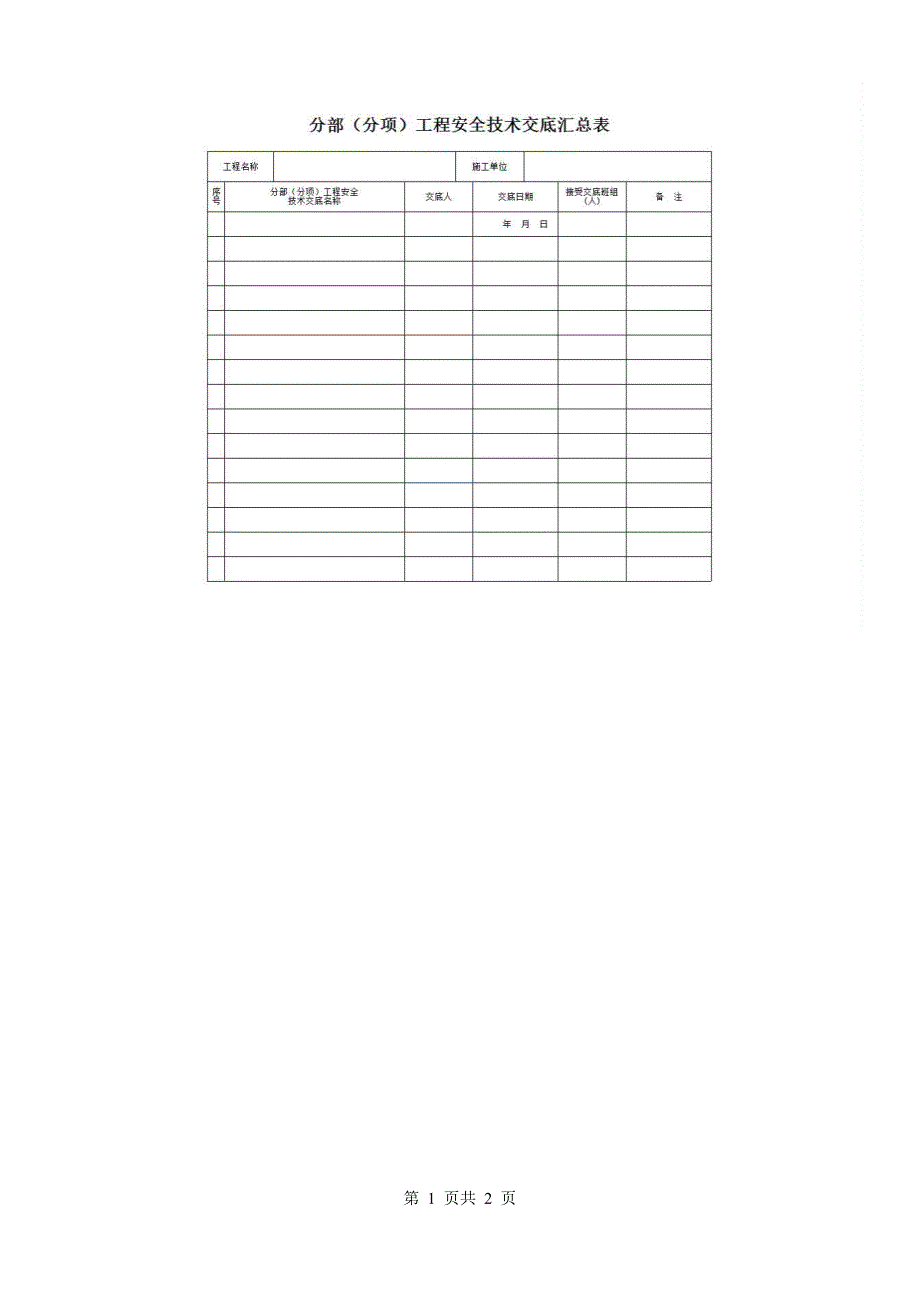 一、安全管理《分部（分项）工程安全技术交底汇总表》房建表格_第1页