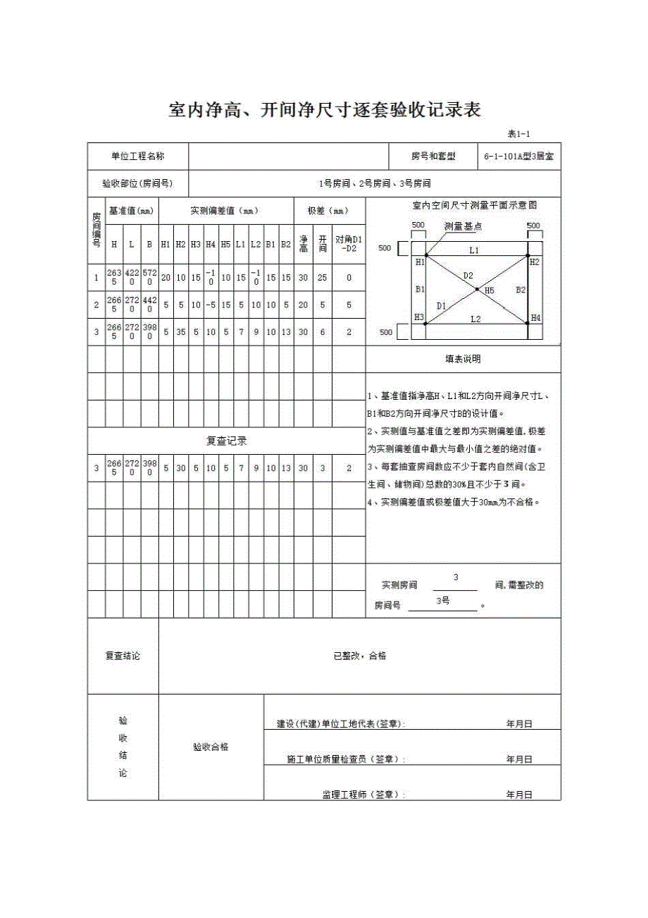 南宁市住宅工程质量逐套验收资料与实例（2008年3月修订）《表1－1 室内净高、开间净尺寸逐套验收记录表》房建表格_第1页