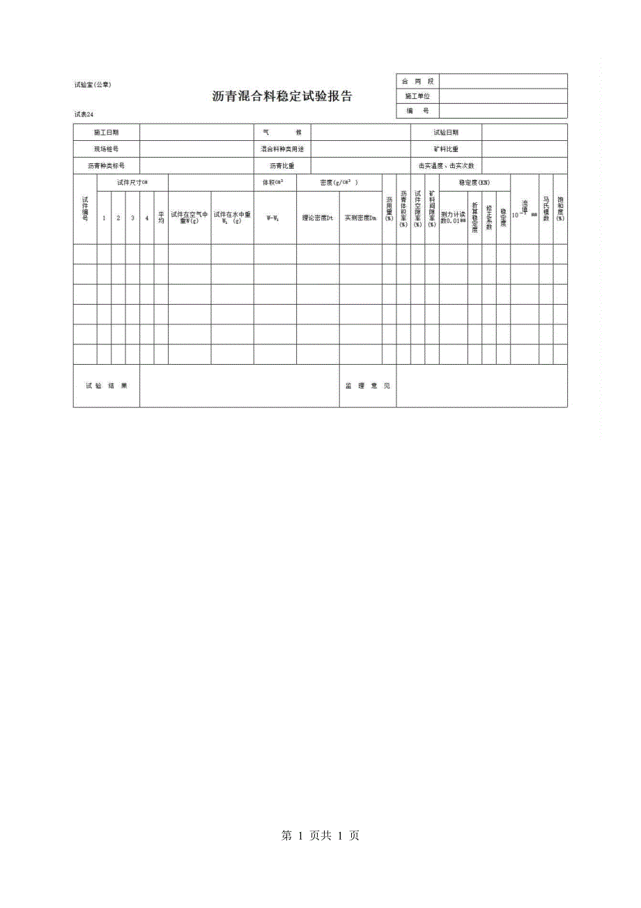 路网工程表格《试表24 沥青混合料稳定试验报告》房建表格_第1页