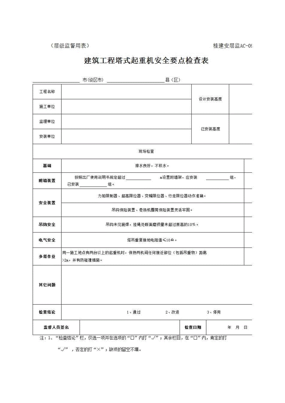 安全监督、监理用表《建筑工程塔式起重机安全要点检查表》房建表格_第1页