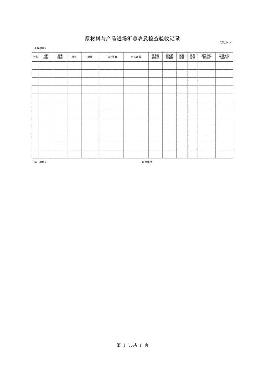 第三册（上）桩基础、地基处理等子分部工程资料《1、原材料与产品进场汇总表及检查验收记录》房建表格_第1页