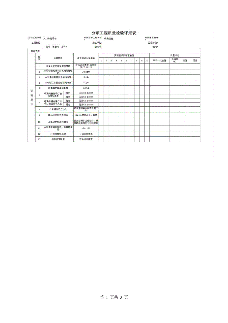 分项工程质量检验评定表(附录J)《入口车道设备车质量检验评定表》房建表格_第1页