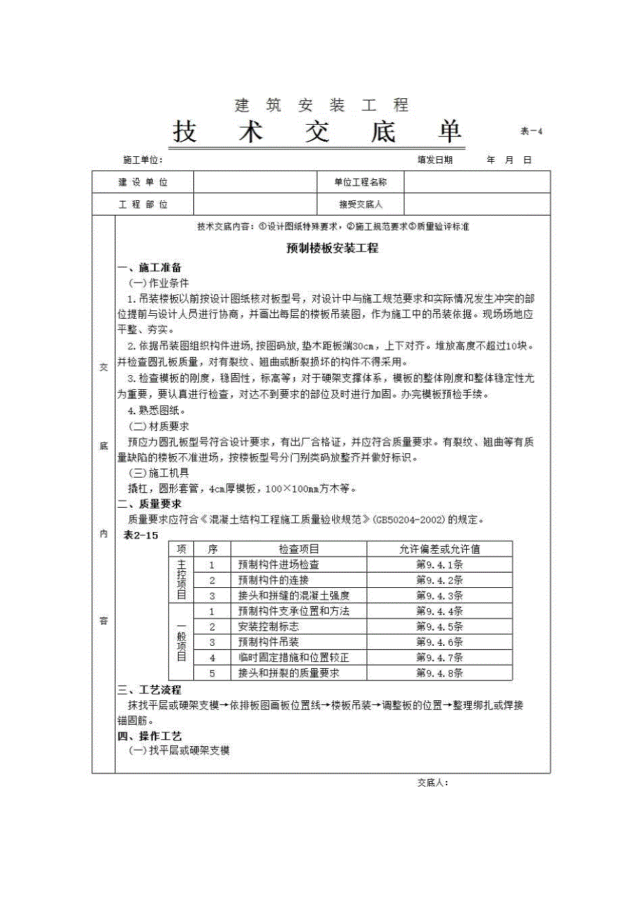 主体结构工程《预制楼板安装工程》房建表格_第1页