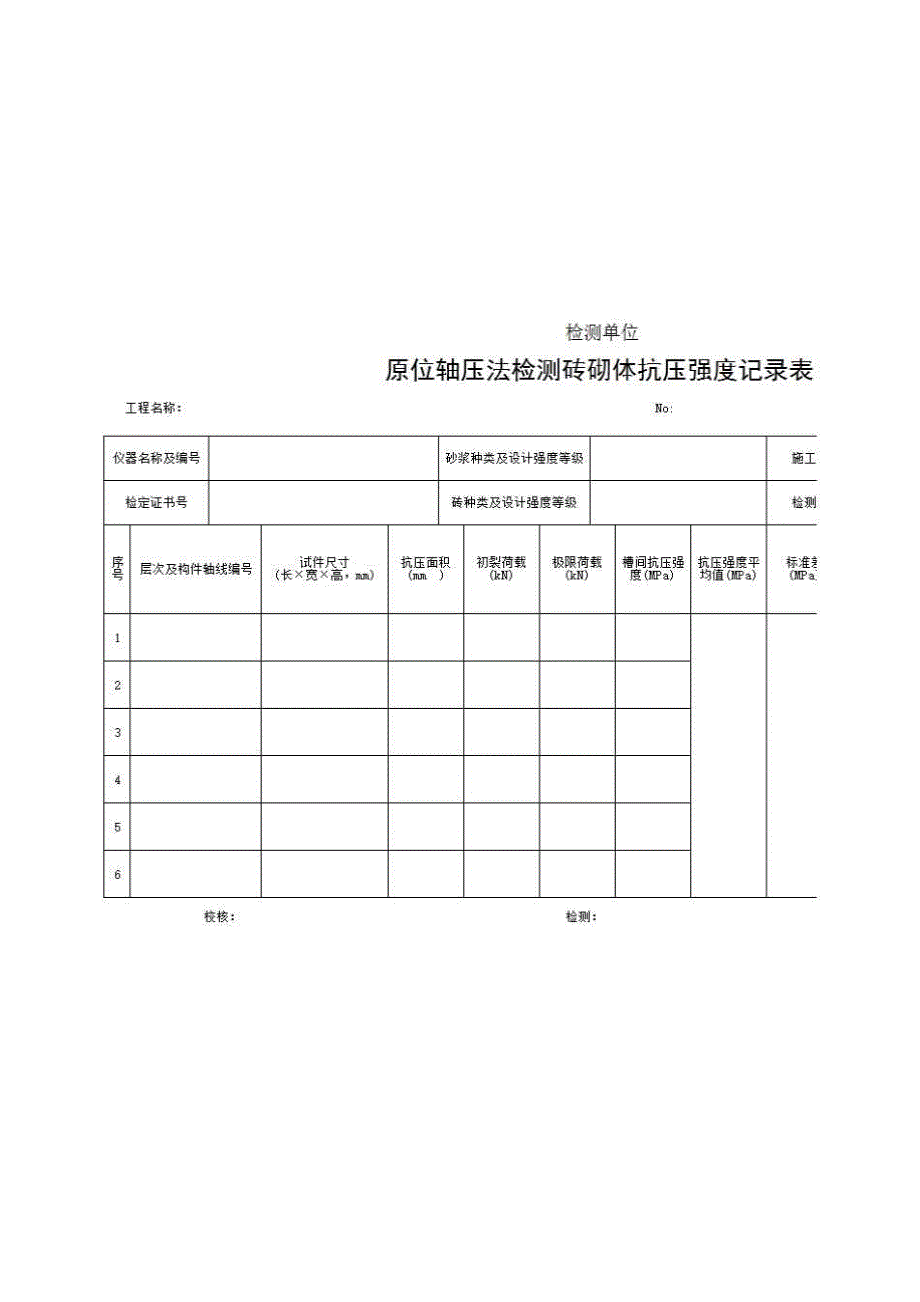 2、报告格式（现场-房建）《原位轴压法检测砖砌体抗压强度记录表》房建表格_第1页