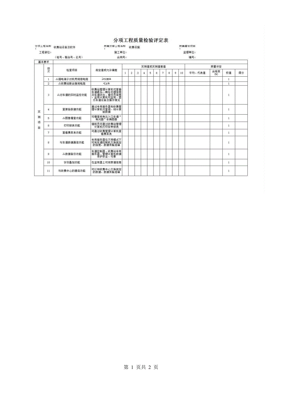 分项工程质量检验评定表(附录J)《收费站设备及软件质量检验评定表》房建表格_第1页