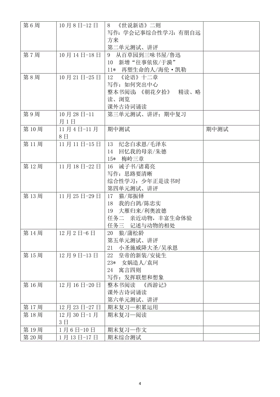 初中语文新部编版七年级上册教学计划（2024秋）_第4页