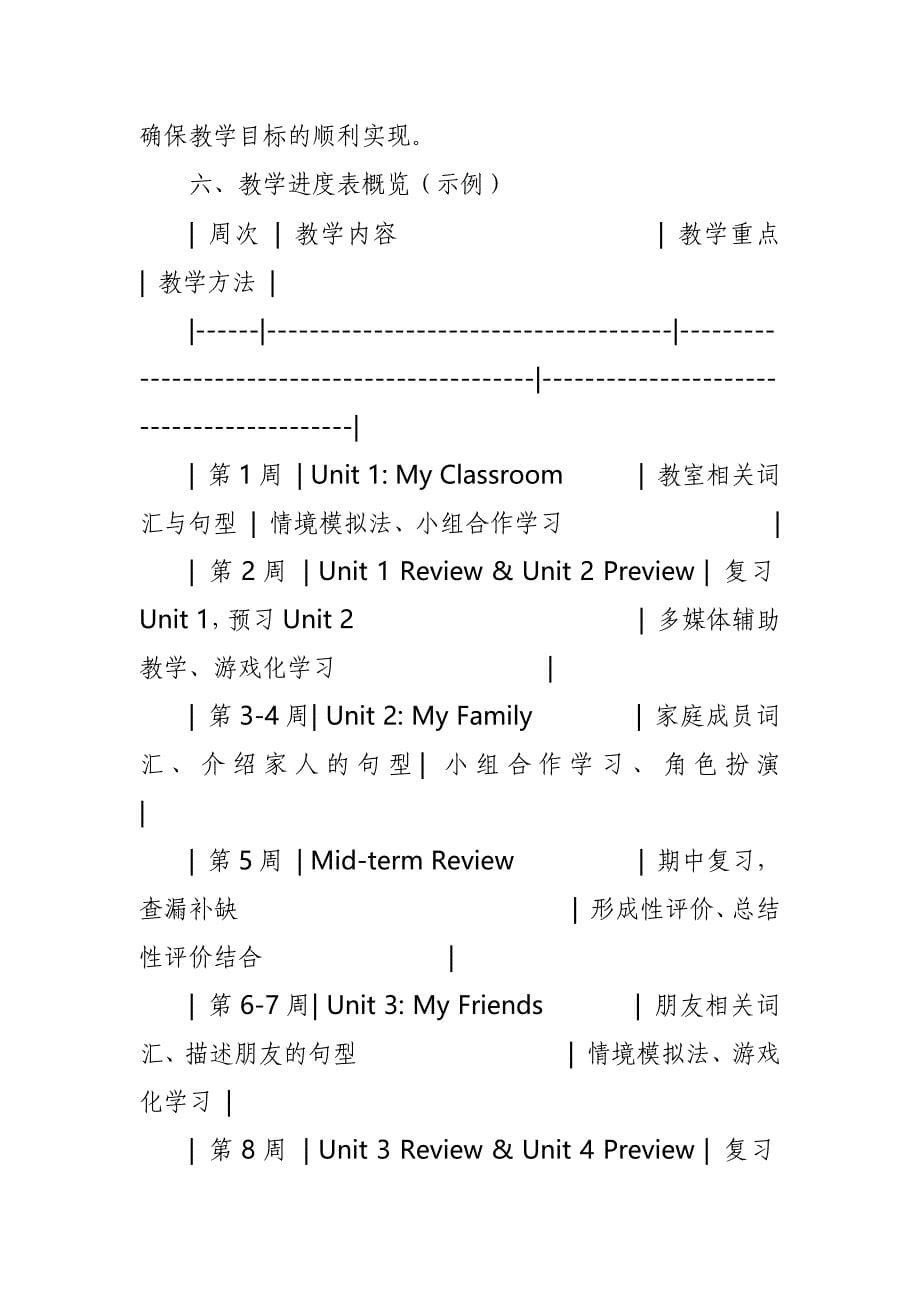 2024年新人教版部编本四年级上册英语教学工作计划及教学进度表_第5页