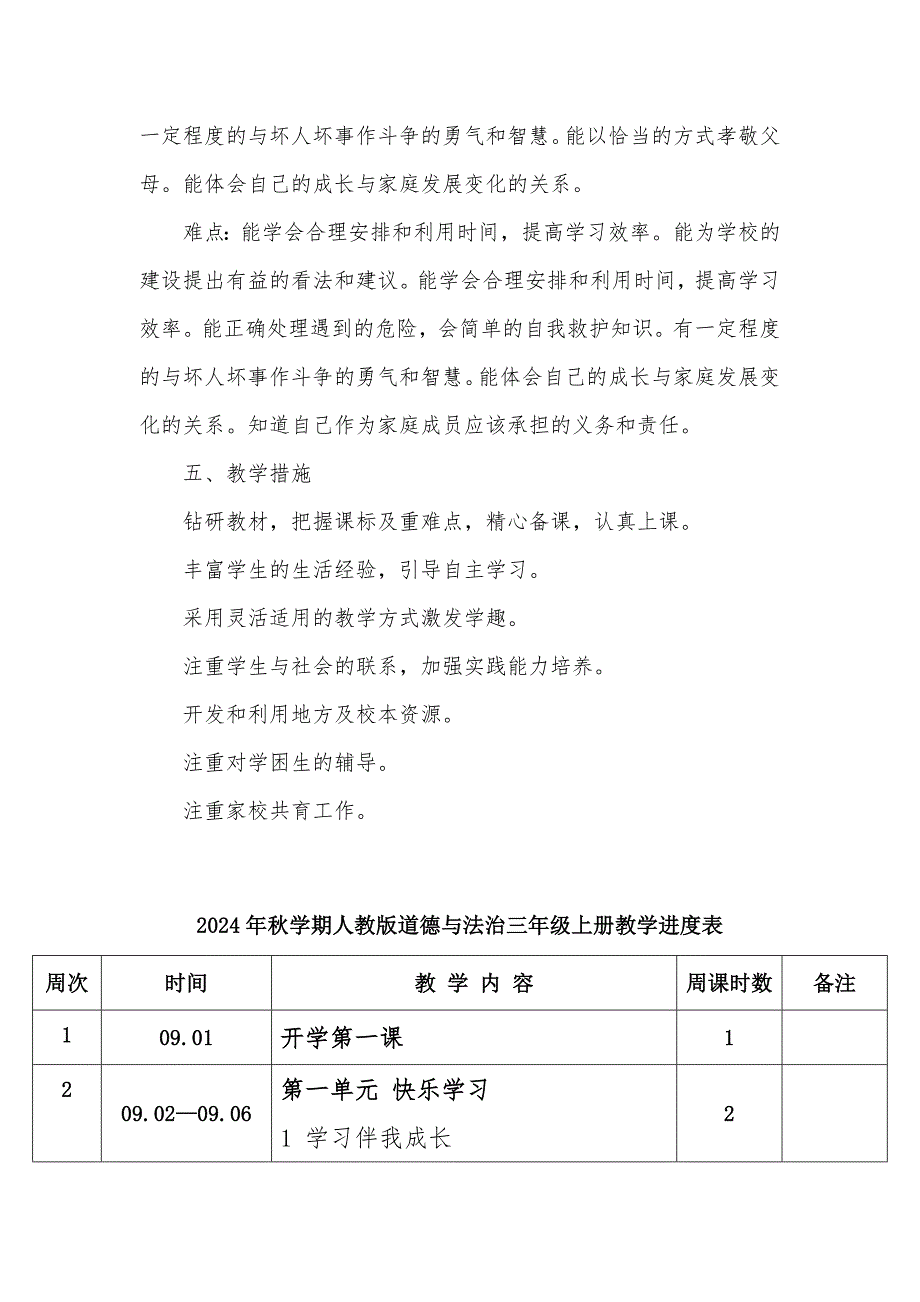 2024年秋学期人教版小学道德与法治三年级上册教学计划和教学进度表_第4页