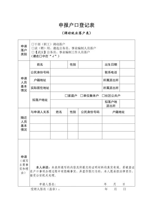 申报户口登记表 （调动就业落户类）