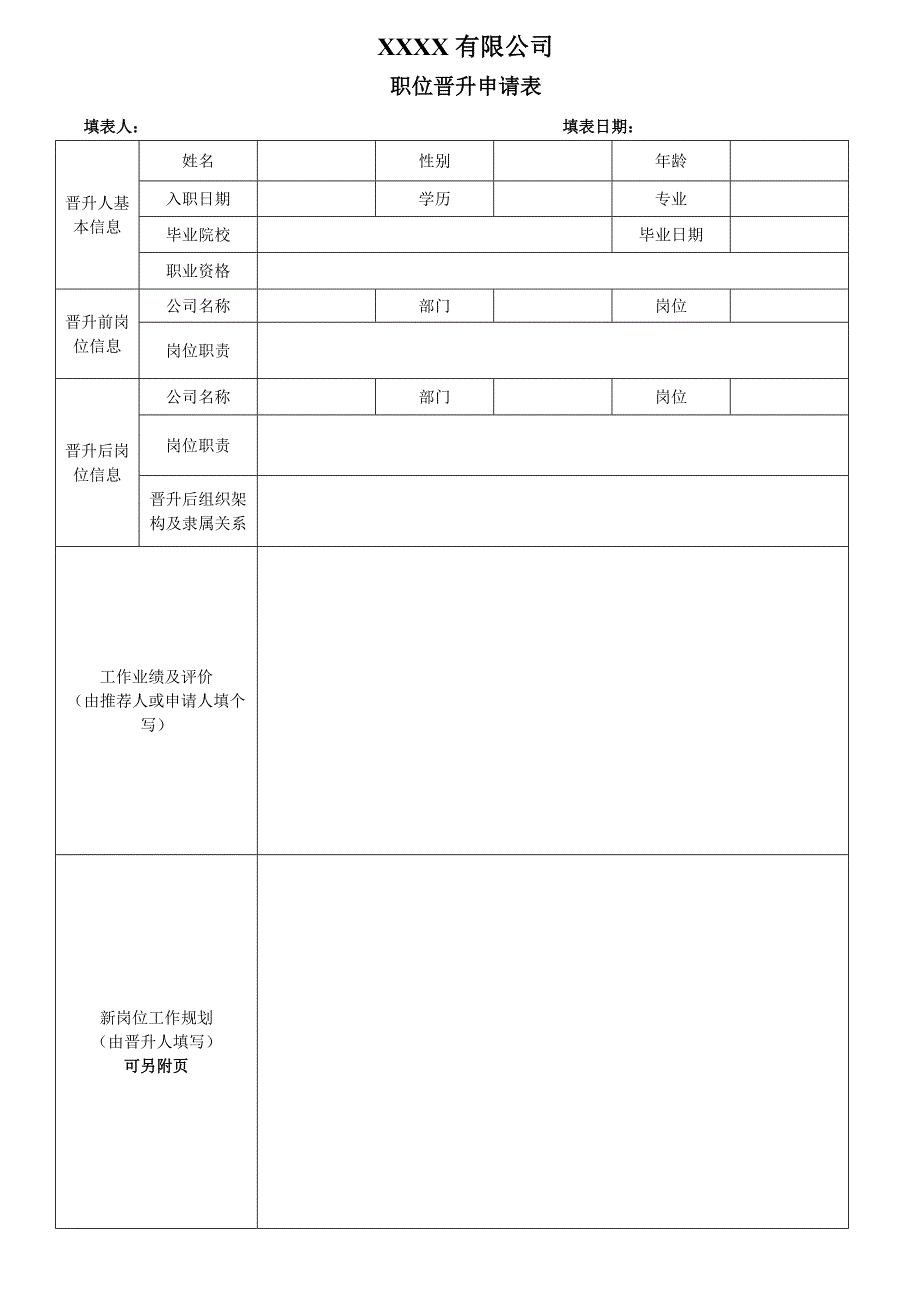 职位晋升申请表（空白打印模板）_第1页