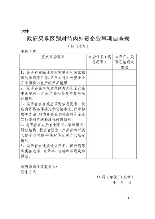 政府采购区别对待内外资企业事项自查表