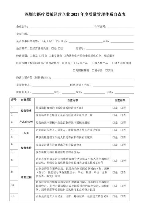 深圳市医疗器械经营企业质量管理体系自查表