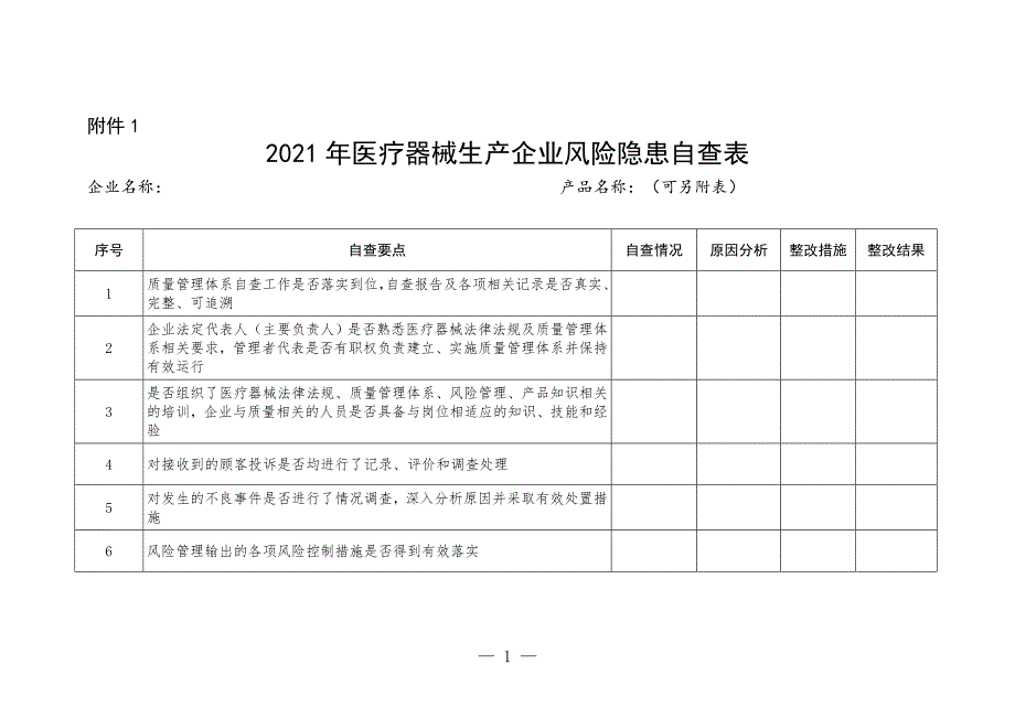 医疗器械生产企业风险隐患自查表_第1页