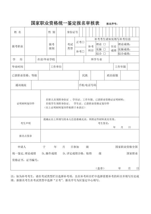 国家职业资格统一鉴定报名审核表