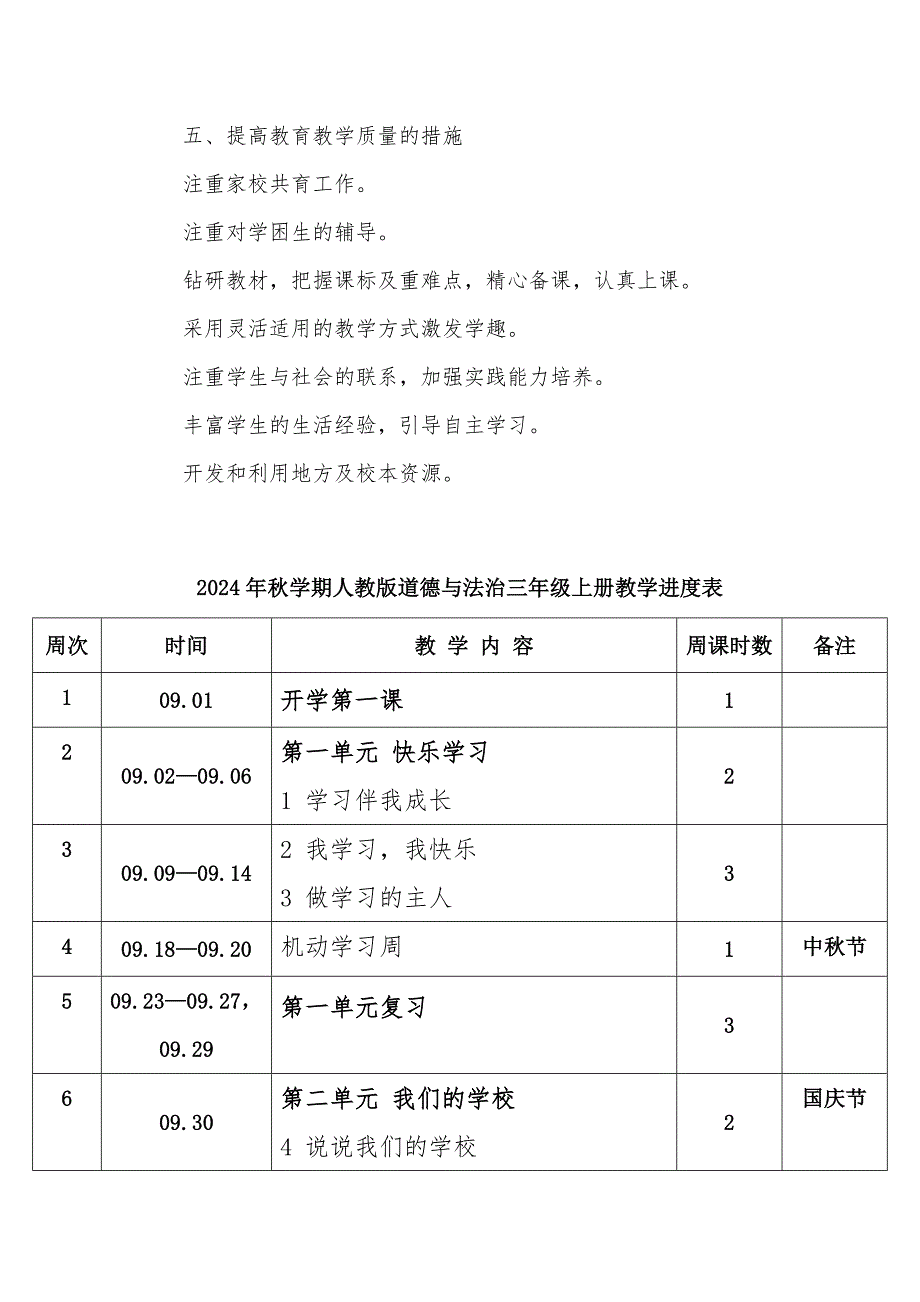 2024年秋学期人教版道德与法治三年级上册教学计划教学进度表_第4页