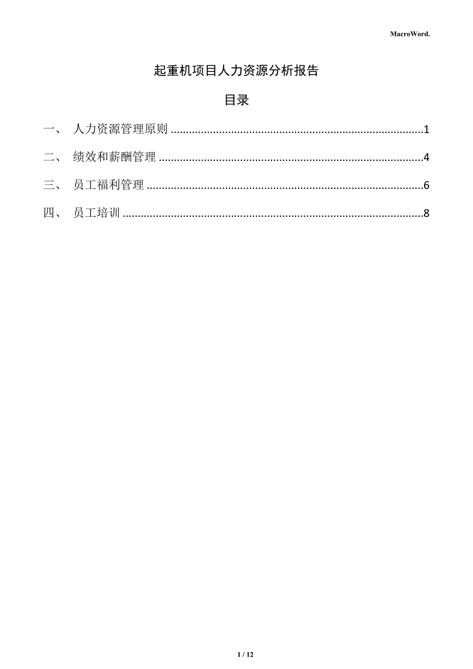 起重机项目人力资源分析报告（范文模板）_第1页