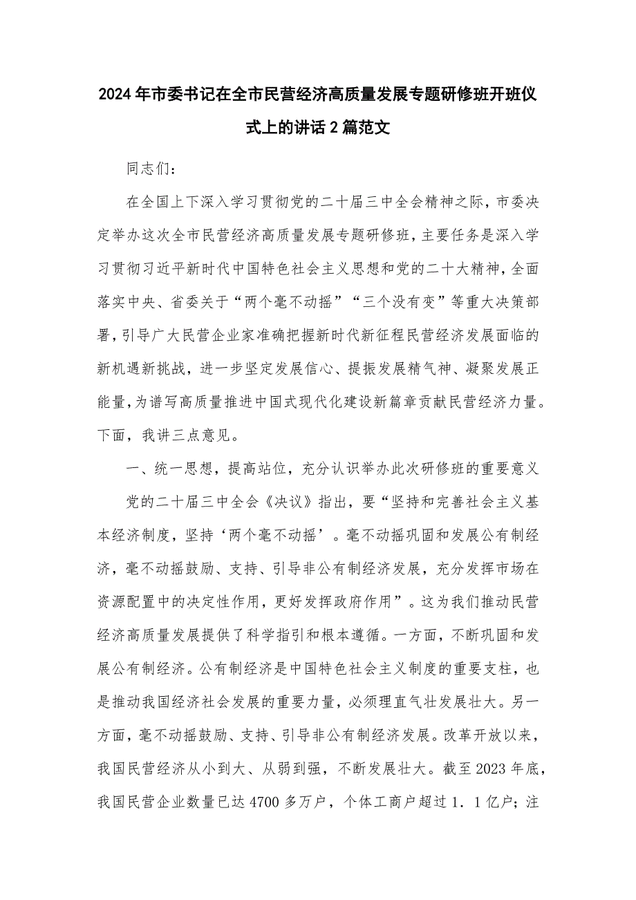 2024年市委书记在全市民营经济高质量发展专题研修班开班仪式上的讲话2篇范文_第1页