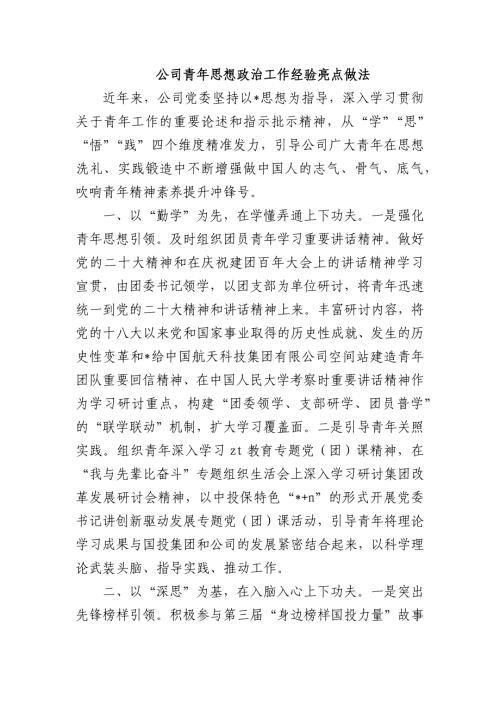 公司青年思想政治工作经验亮点做法