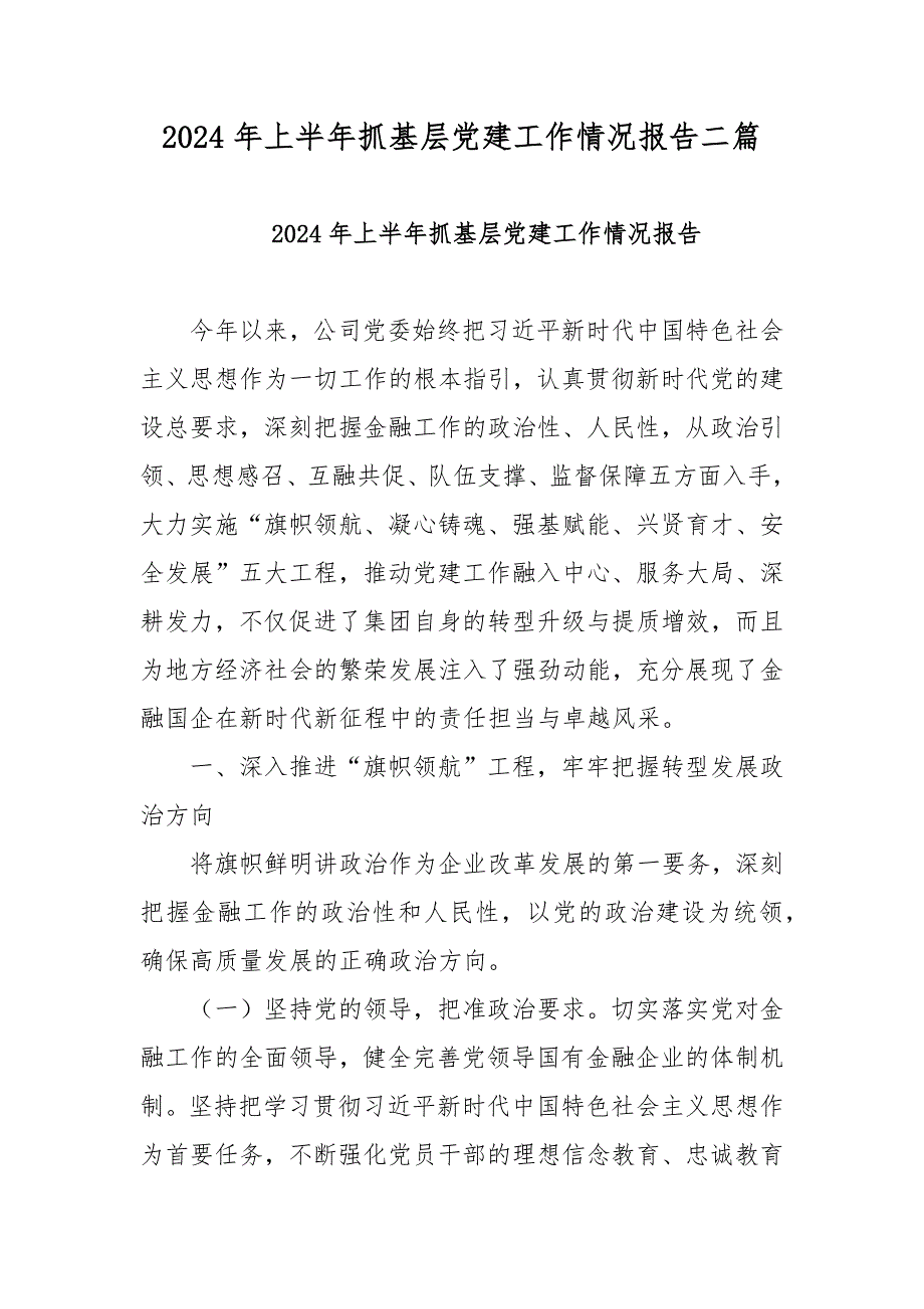 2024年上半年抓基层党建工作情况报告二篇_第1页