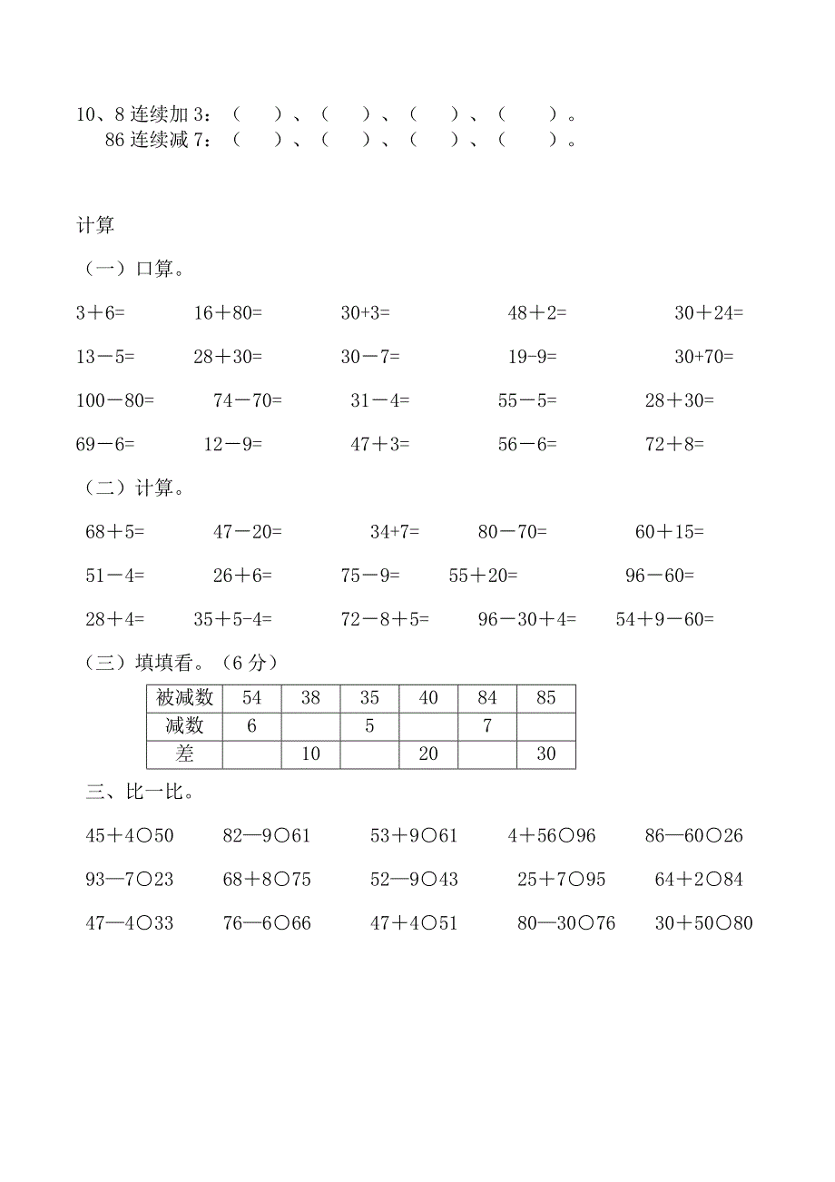 【暑假特供】 一年级数学暑假作业（六）-100以内的加减法（一）人教版（含答案）_第2页