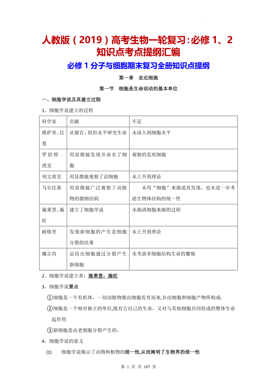 人教版（2019）高考生物一轮复习：必修1、2知识点考点提纲汇编_第1页