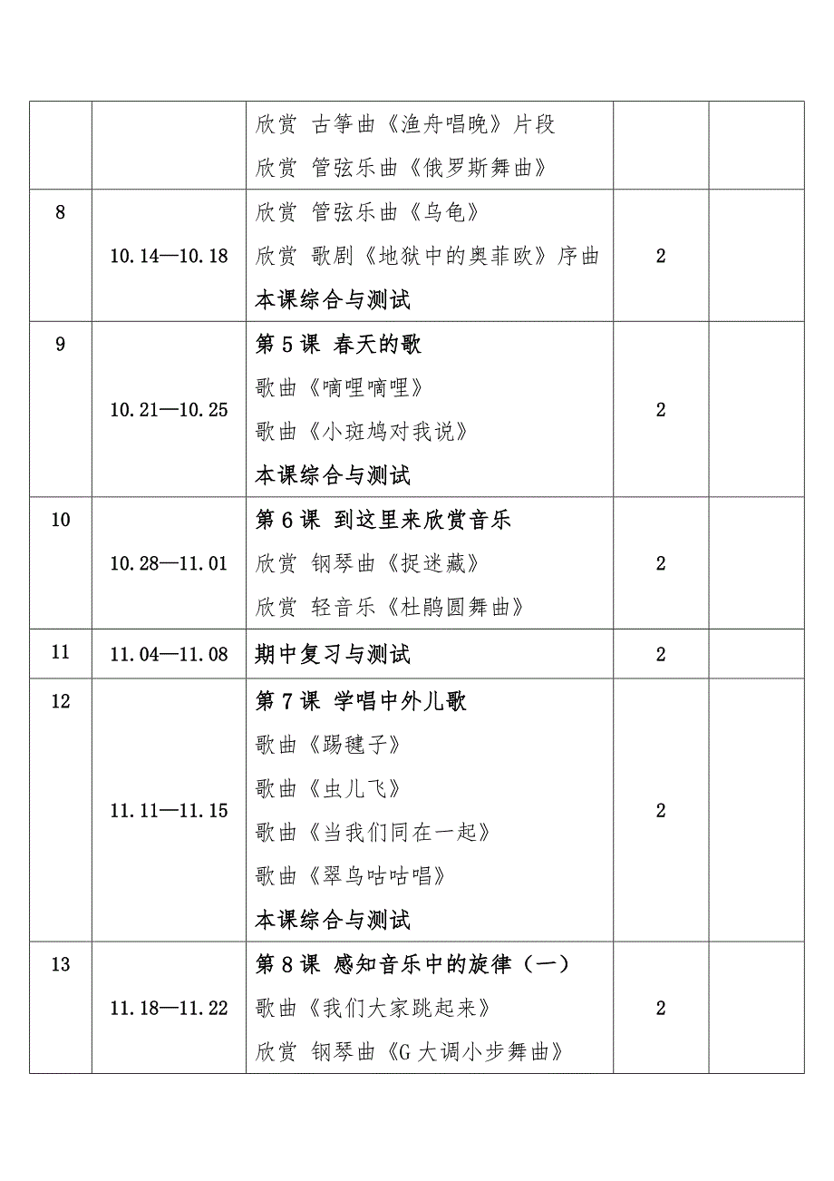 2024年秋学期花城版小学音乐三年级上册教学进度表_第2页