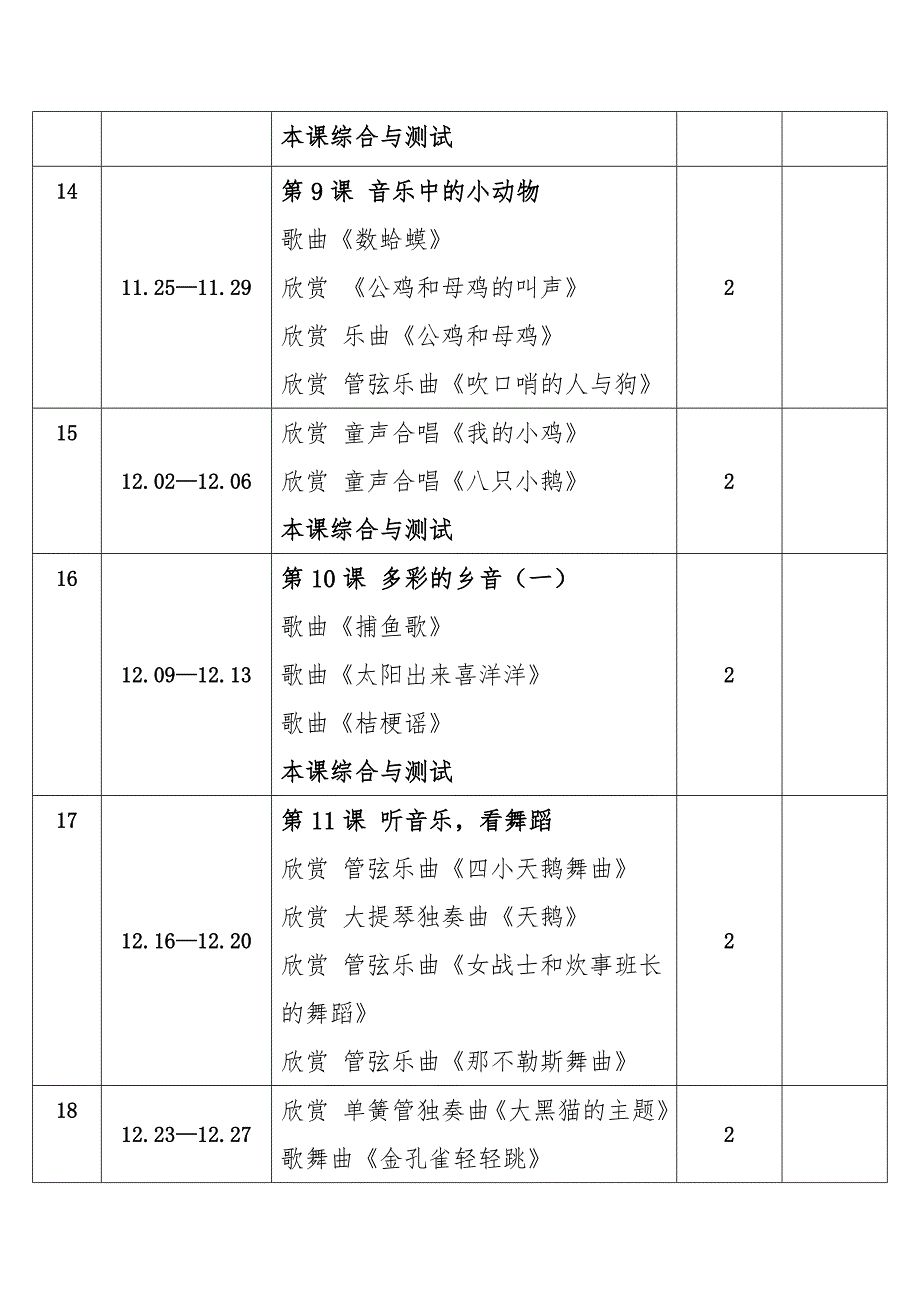 2024年秋学期花城版小学音乐三年级上册教学进度表_第3页