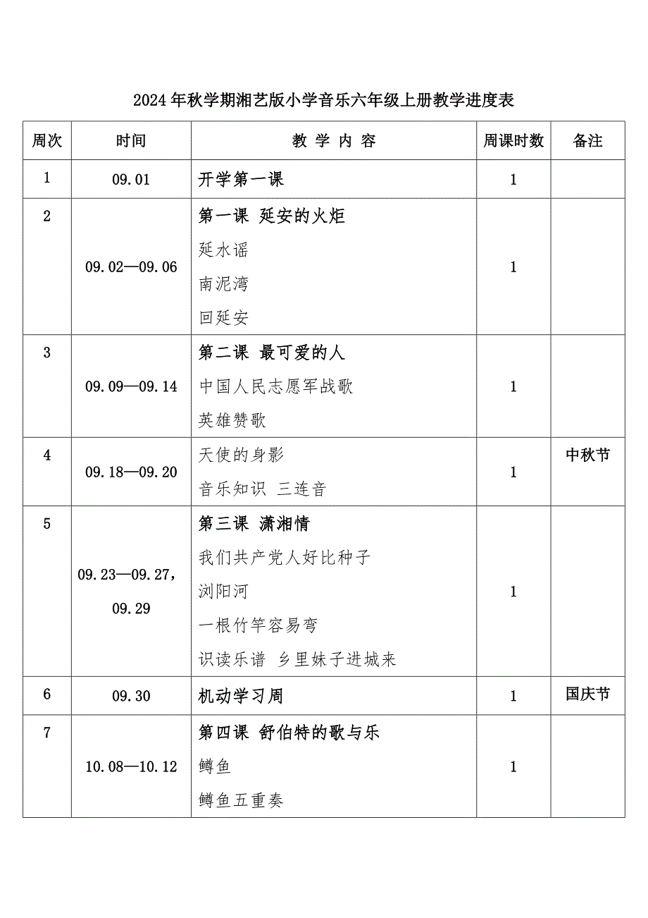 2024年秋学期湘艺版小学音乐六年级上册教学进度表_第1页