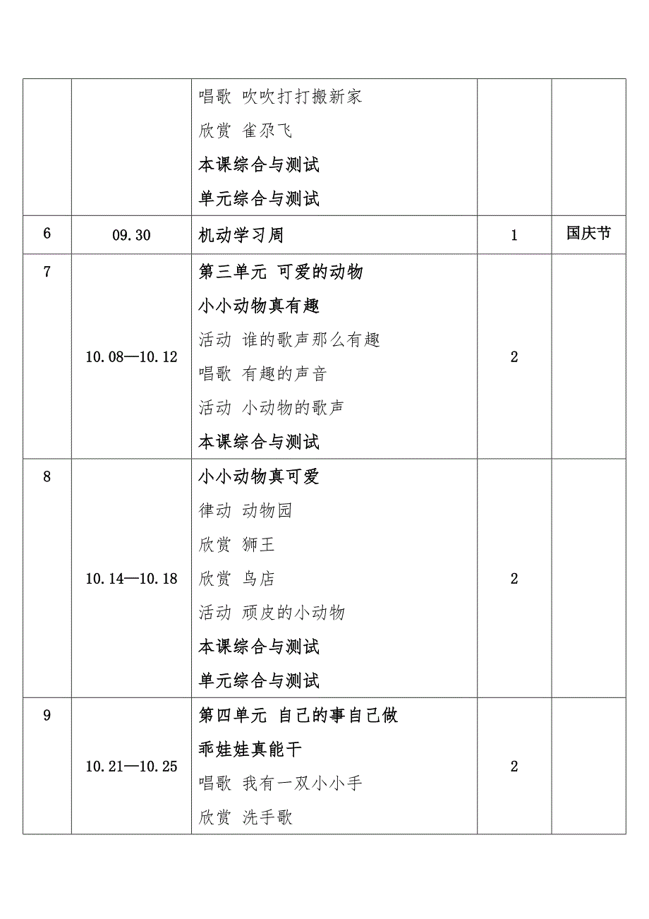 2024年秋学期西师大版小学音乐一年级上册教学进度表_第2页