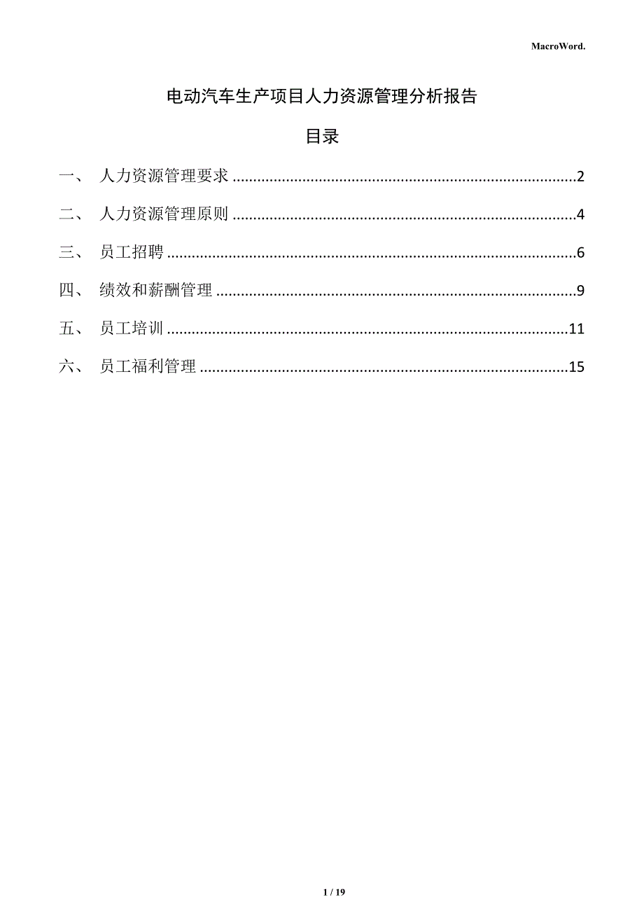 电动汽车生产项目人力资源管理分析报告（模板范文）_第1页