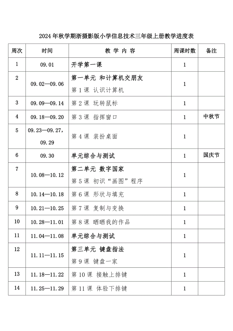 2024年秋学期浙摄影版小学信息技术三年级上册教学进度表_第1页