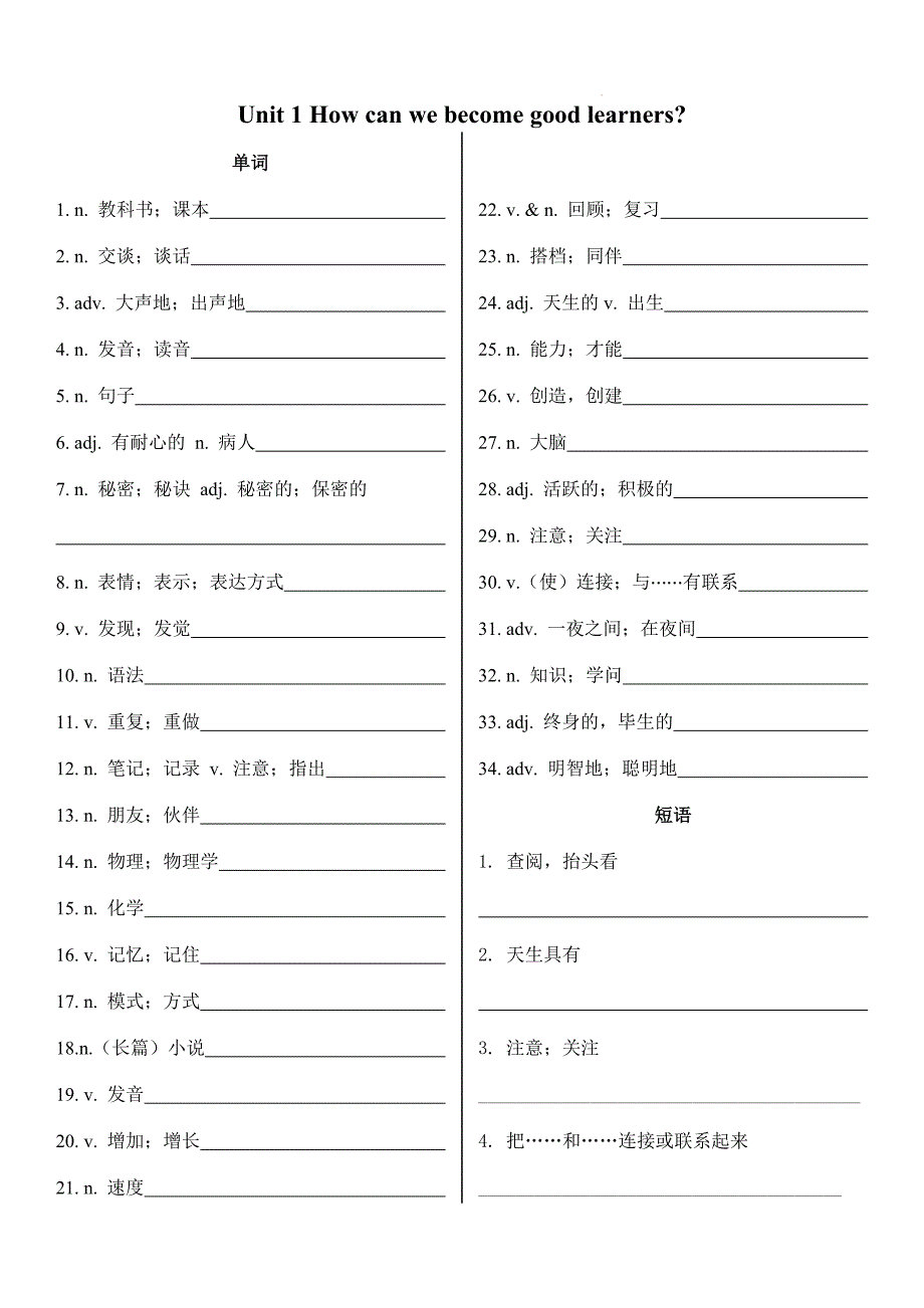 人教版九年级英语全册Unit1-Unit14单词短语默写_第1页