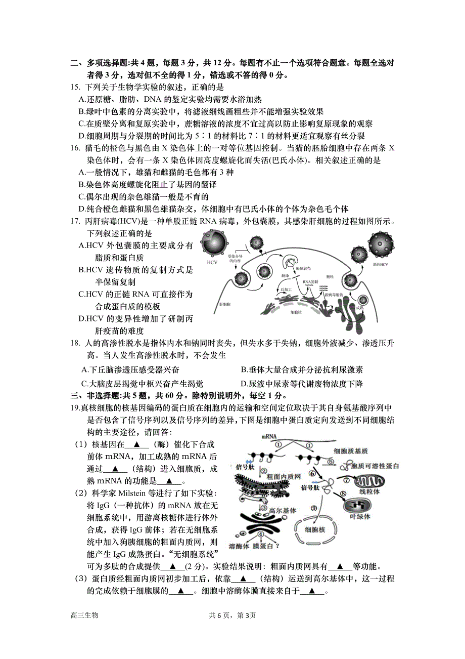 2024届江苏省淮安市高中校协作体高三上学期期中考生物试题及答案_第3页