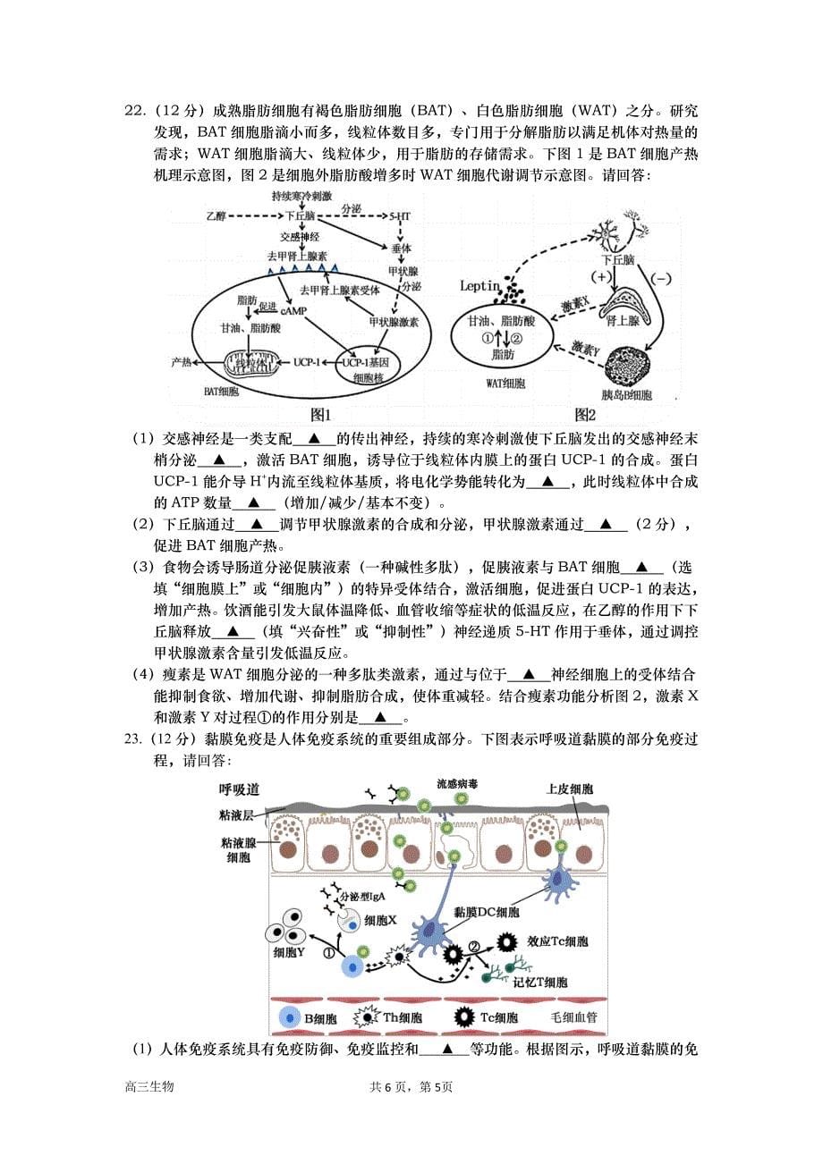 2024届江苏省淮安市高中校协作体高三上学期期中考生物试题及答案_第5页