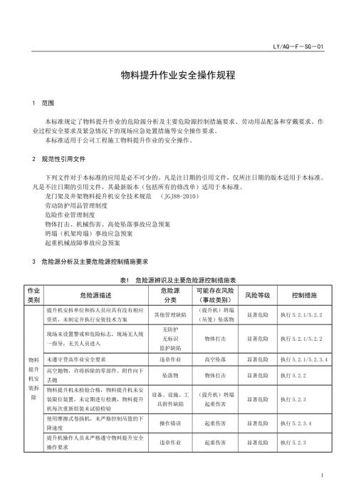 LYAQ－F－SG－01 物料提升作业安全操作规程