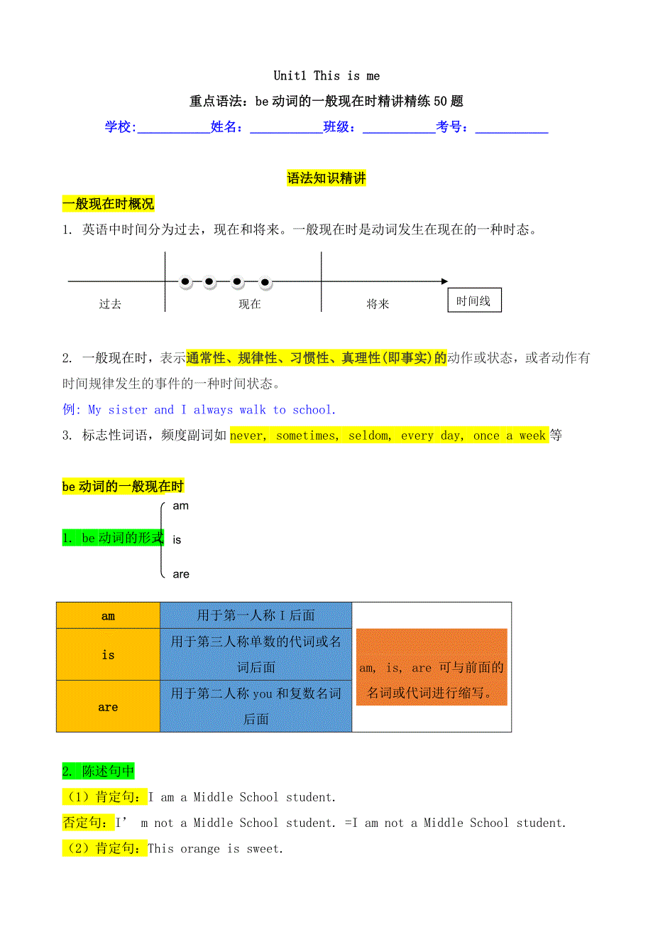 译林版2024新版Unit 1 This is me be动词的一般现在时精讲精练-2024-2025学年七年级英语上册_第1页