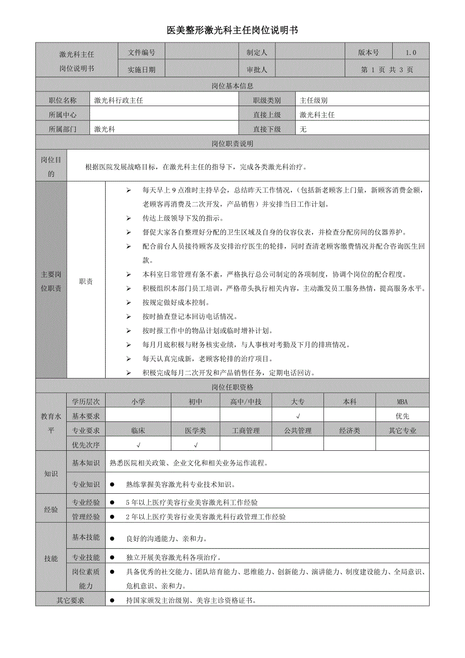 医美整形激光科主任岗位说明书_第1页