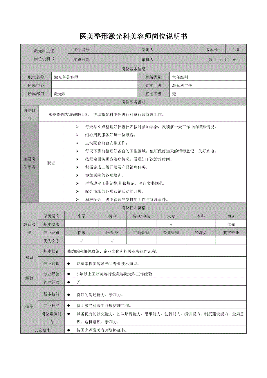 医美整形激光科美容师岗位说明书_第1页