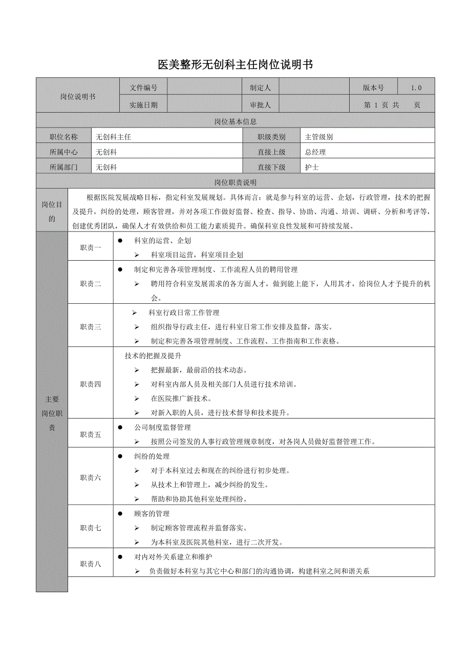 医美整形无创科主任岗位说明书_第1页