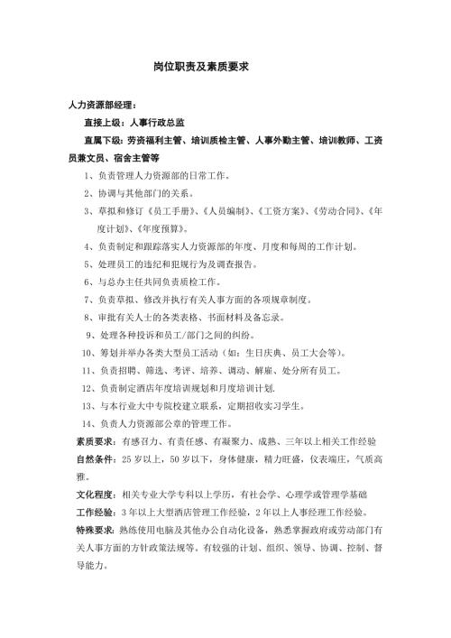 XXXX酒店岗位职责及素质要求