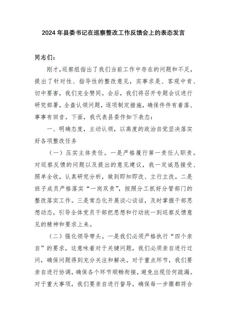 2024年县委书记在巡察整改工作反馈会上的表态发言_第1页